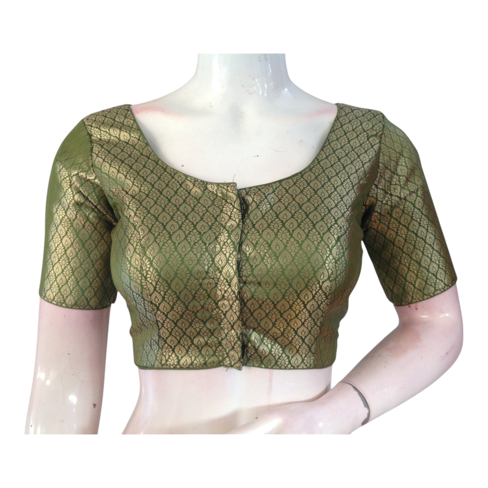 Rich Olive Green Color Brocade Silk Ready made Saree Blouse 