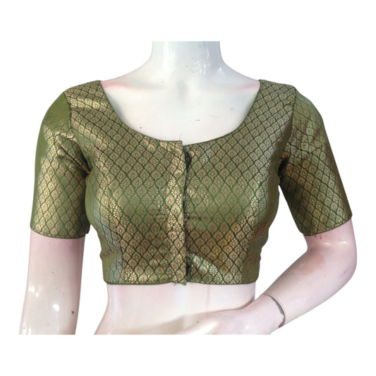 Rich Olive Green Color Brocade Silk Ready made Saree Blouse 