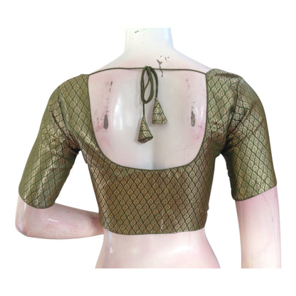 Rich Olive Green Color Brocade Silk Ready made Saree Blouse