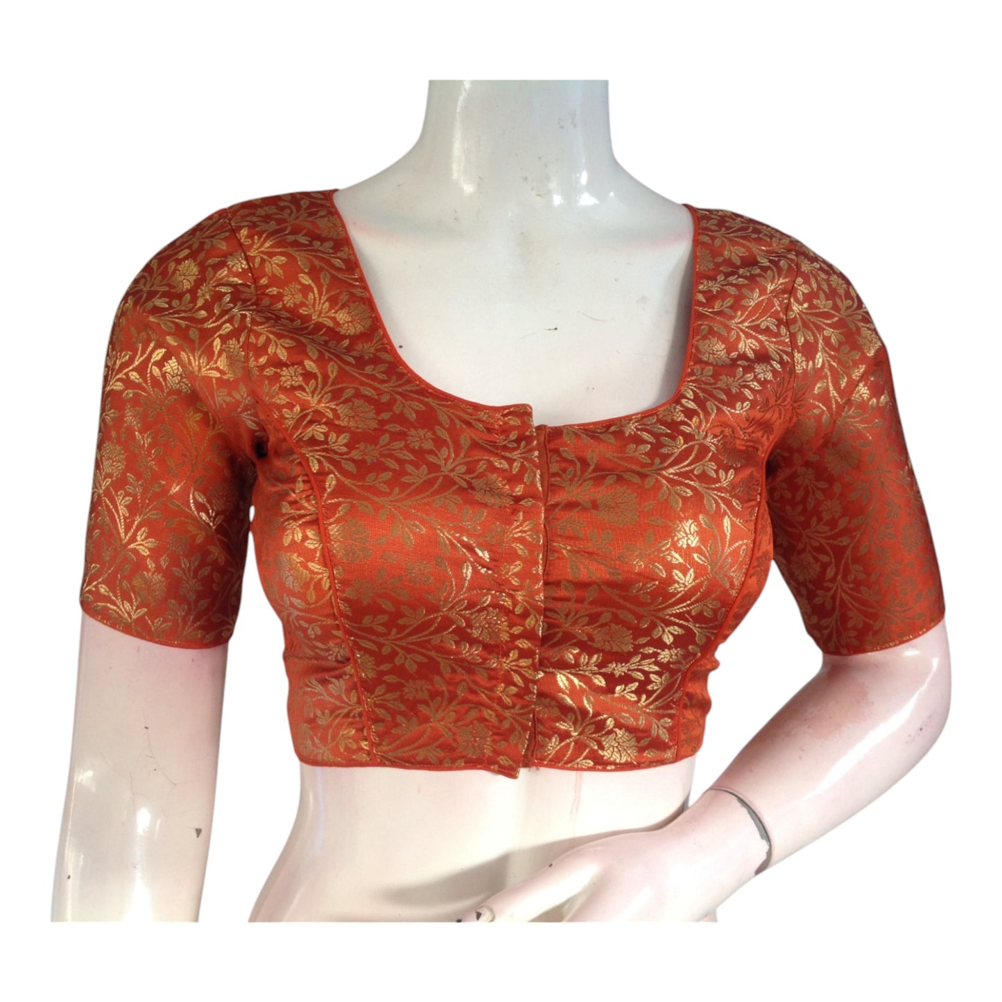 Elegant Terracotta Color Brocade Silk Saree Blouse - Ready to Wear