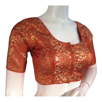 Elegant Terracotta Color Brocade Silk Saree Blouse - Ready to Wear