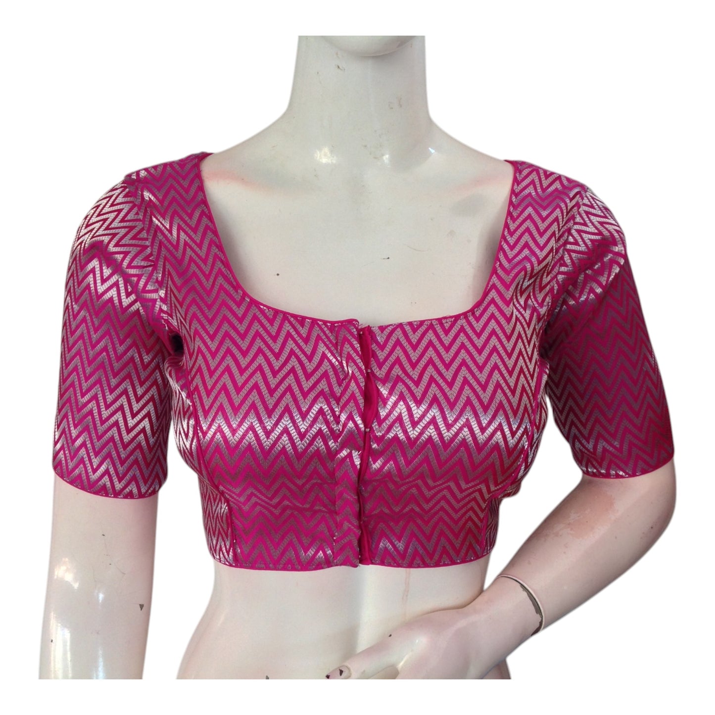 Stunning Rani Pink & Silver Mixed Banarasi Brocade Silk  Readymade Blouse