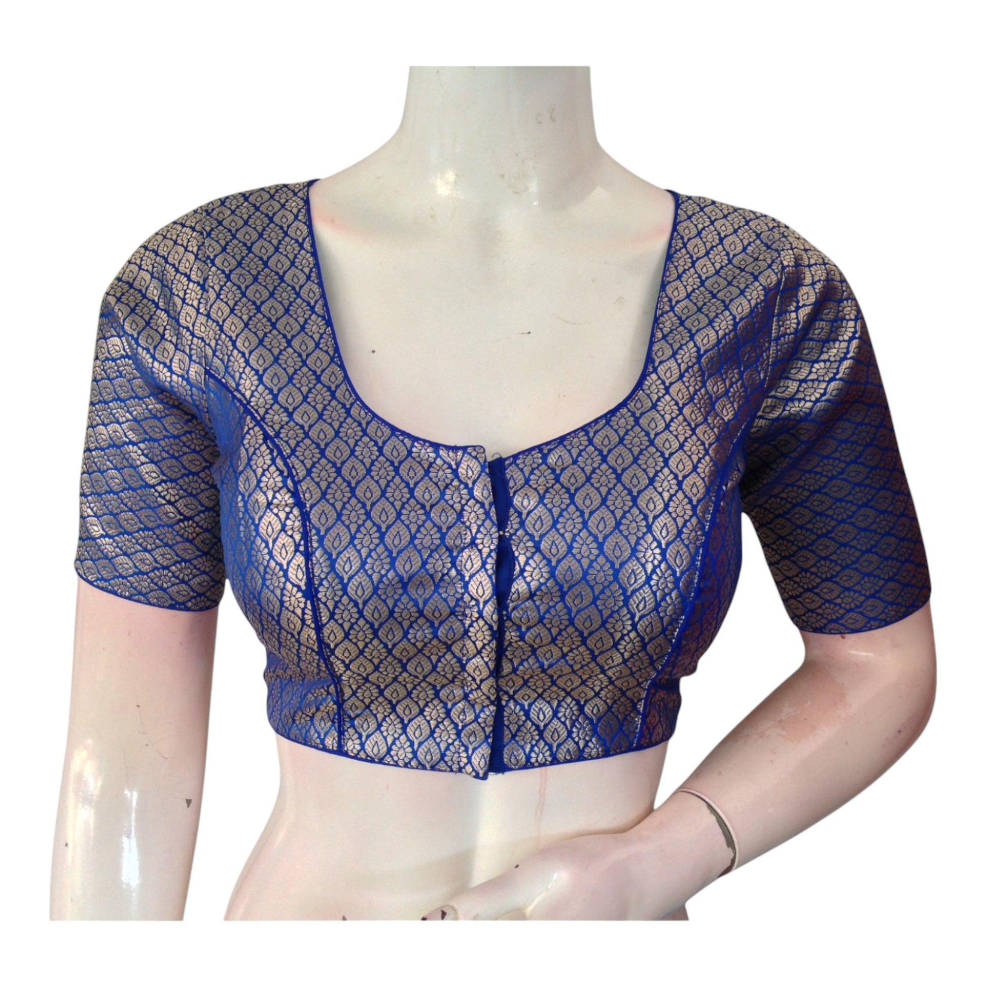 Regal Royal Blue Color Brocade Silk Blouse - Ready to Wear