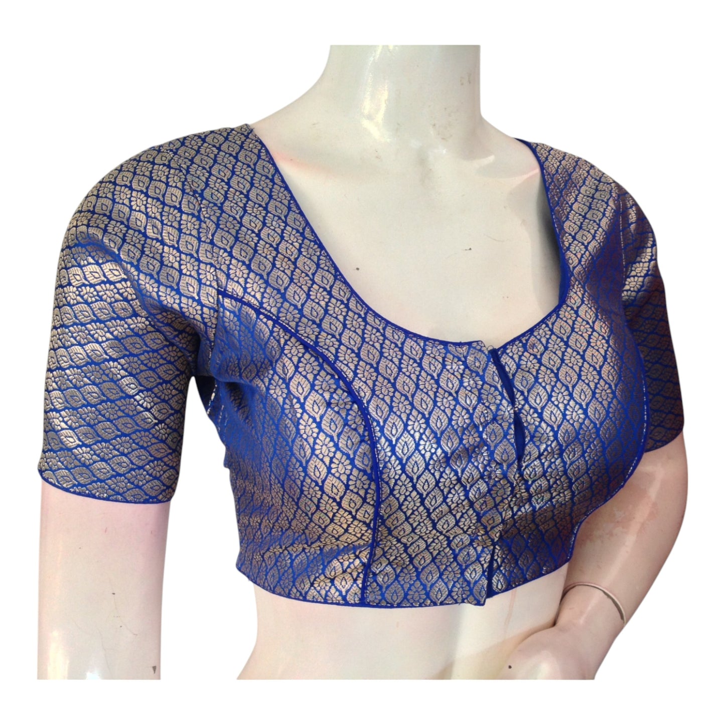 Regal Royal Blue Color Brocade Silk Blouse - Ready to Wear