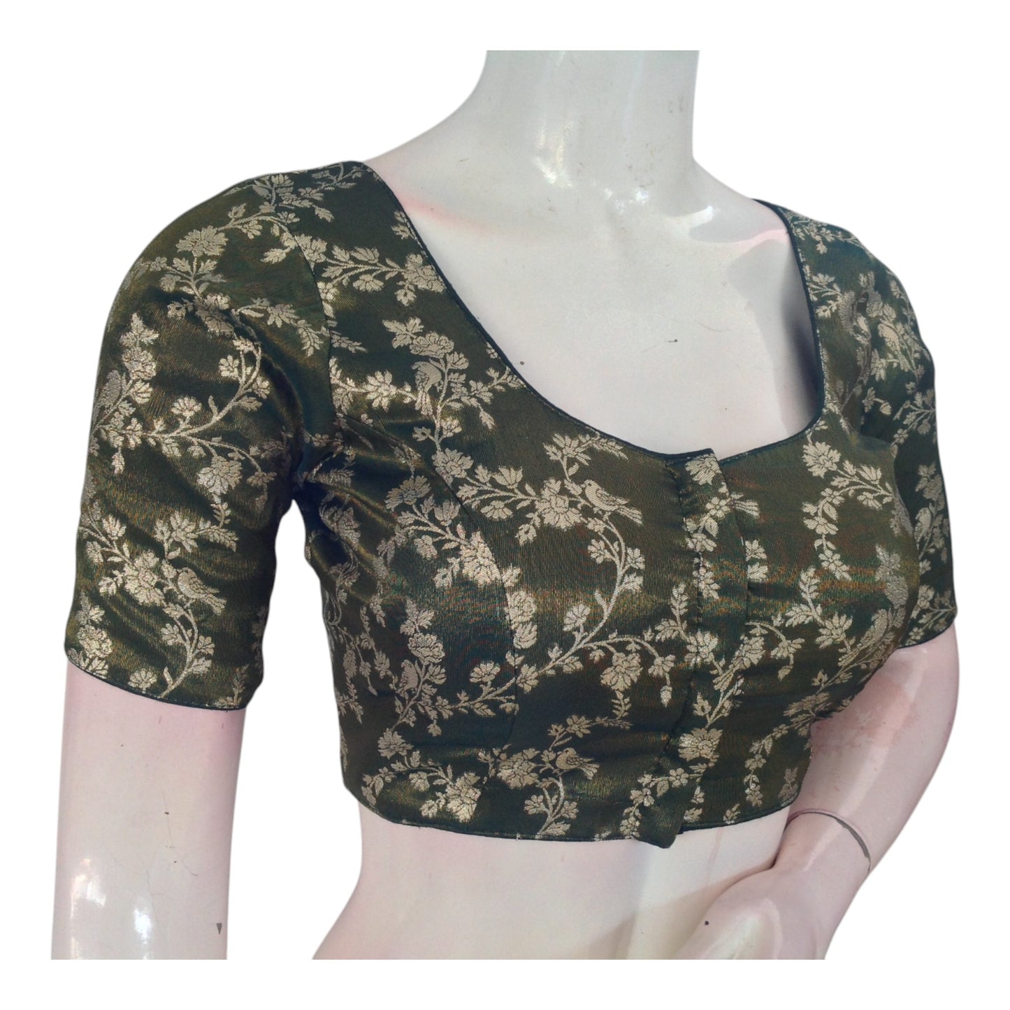 Dark Olive Green  Banarasi Tissue Brocade Silk Blouse | Easy Elegance