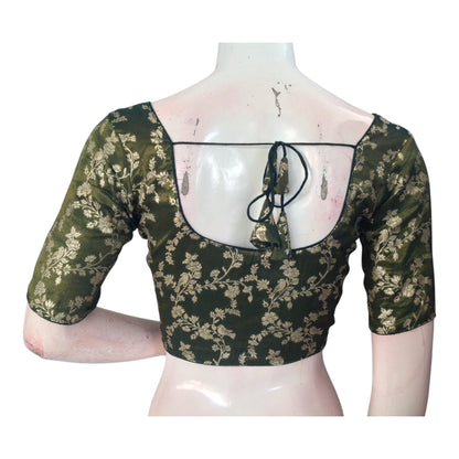 Dark Olive Green  Banarasi Tissue Brocade Silk Blouse | Easy Elegance