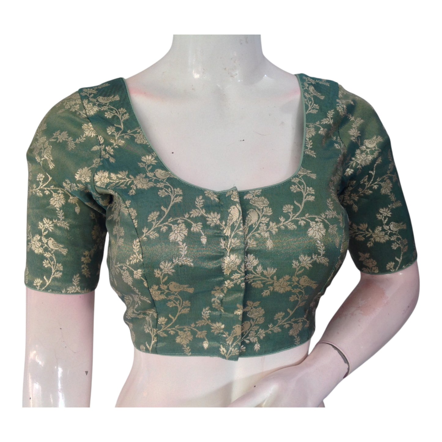 Handcrafted Pastel Green Banarasi Tissue Brocade Blouse | Intricate Design