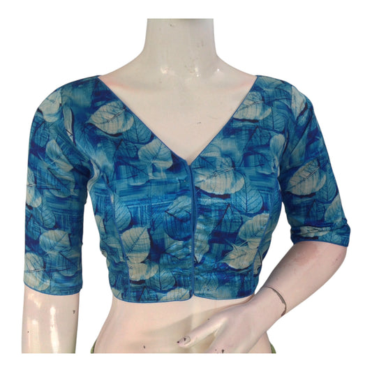 Blue Color Printed Silk V-neck Designer Readymade Blouse 