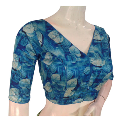 Blue Color Printed Silk V-neck Designer Readymade Blouse