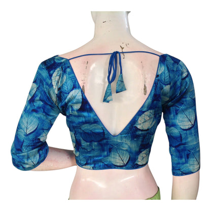 Blue Color Printed Silk V-neck Designer Readymade Blouse