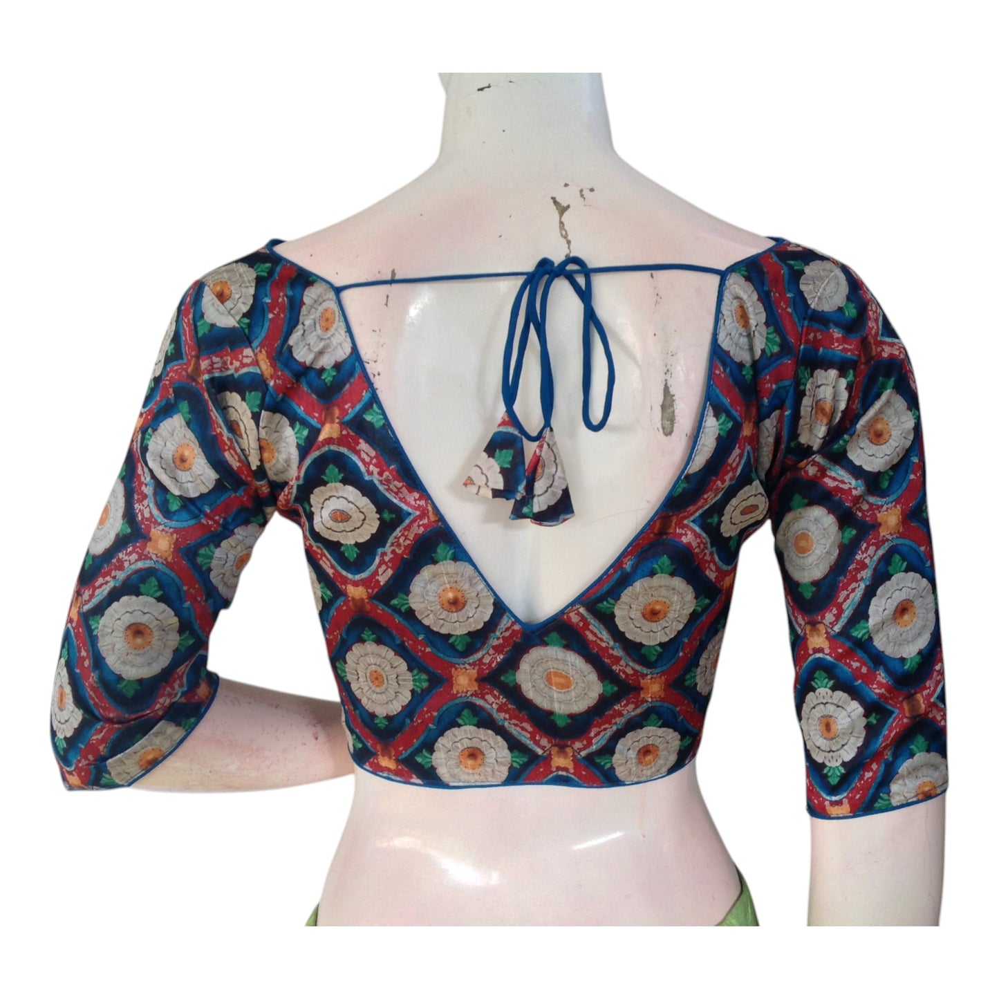 Teal Blue Color Printed Silk V-neck Designer Readymade Blouse