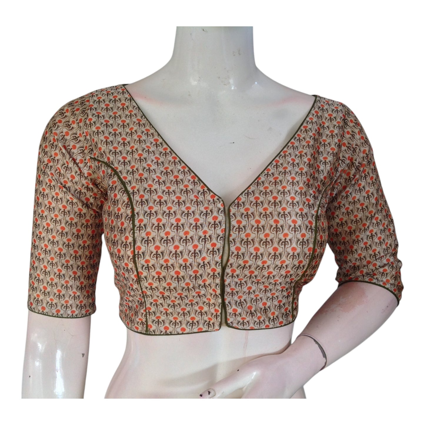 Off White Color Printed Silk V-neck Designer Readymade Blouse