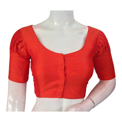 Vibrant Orange Color Plain Puff Sleeve Ready made Saree Blouse