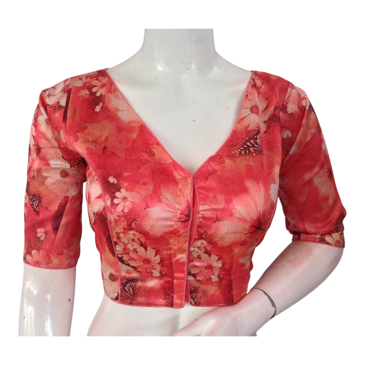 Peach Pink Color Printed Silk V-neck Designer Readymade Blouse 