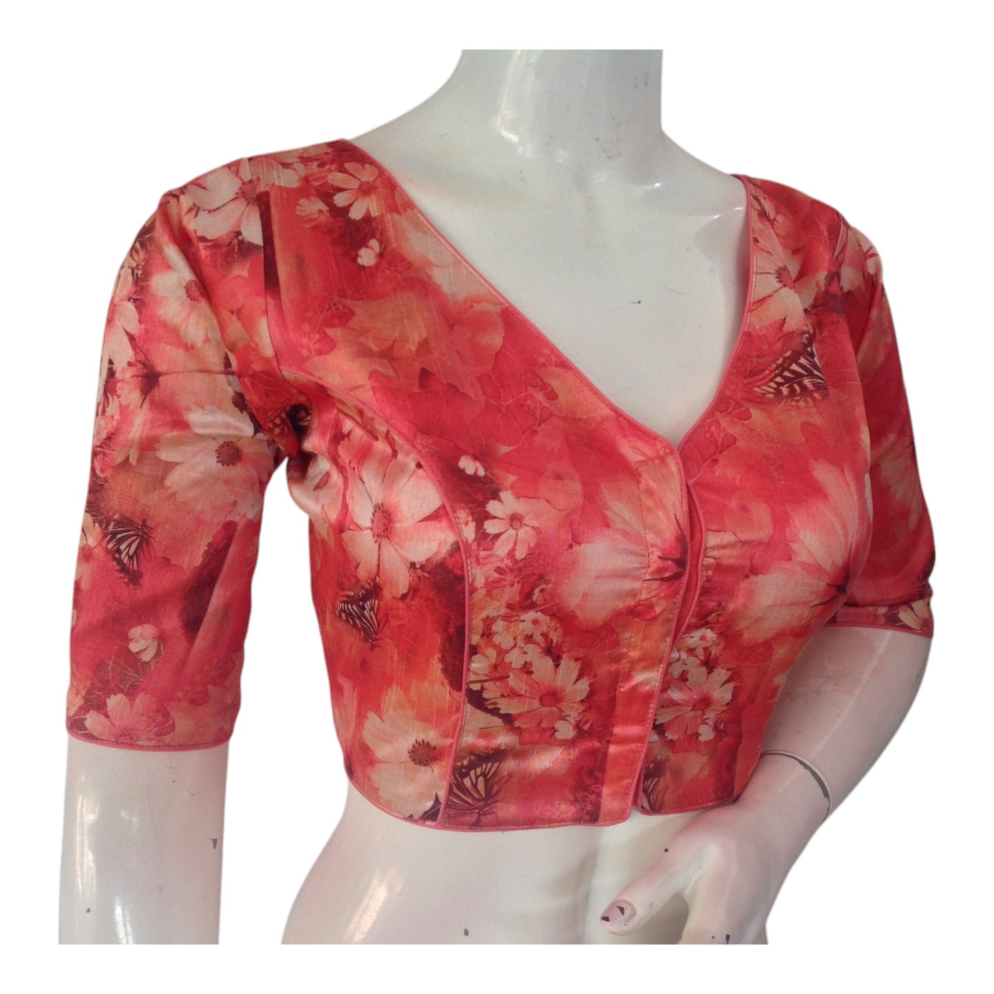 Peach Pink Color Printed Silk V-neck Designer Readymade Blouse