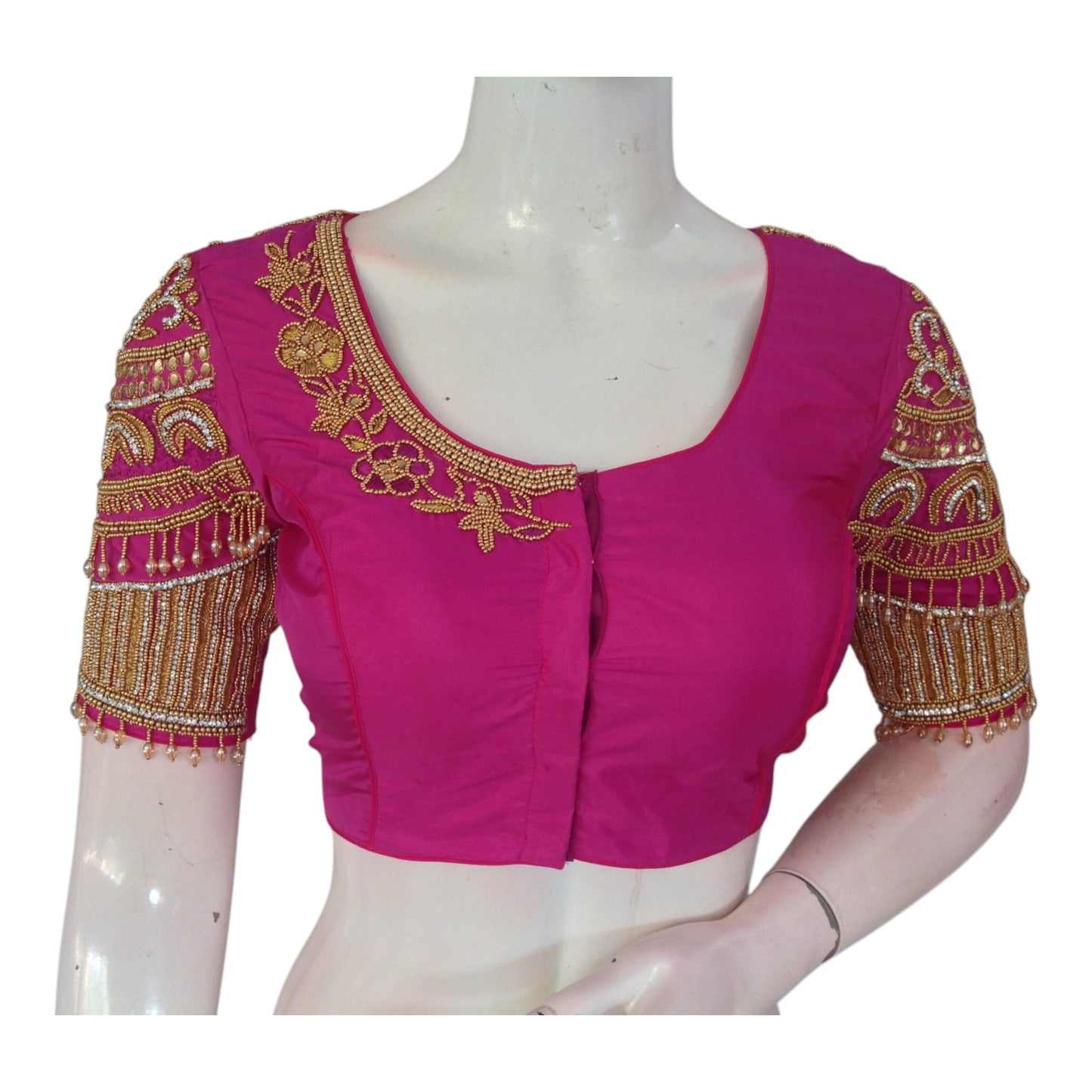 Vibrant Magenta Color Silk Saree Blouse - Premium Aari Handwork