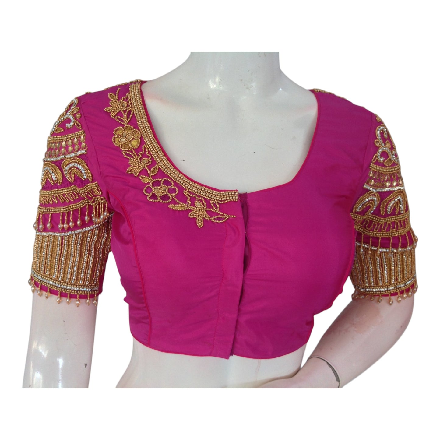 Vibrant Magenta Color Silk Saree Blouse - Premium Aari Handwork