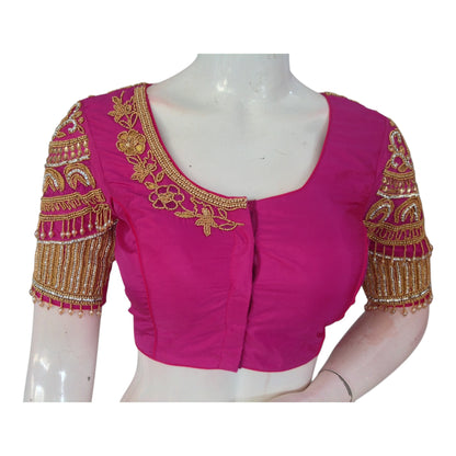 Vibrant Magenta Color Silk Saree Blouse - Premium Aari Handwork