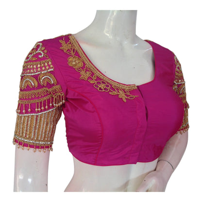 Vibrant Magenta Color Silk Saree Blouse - Premium Aari Handwork