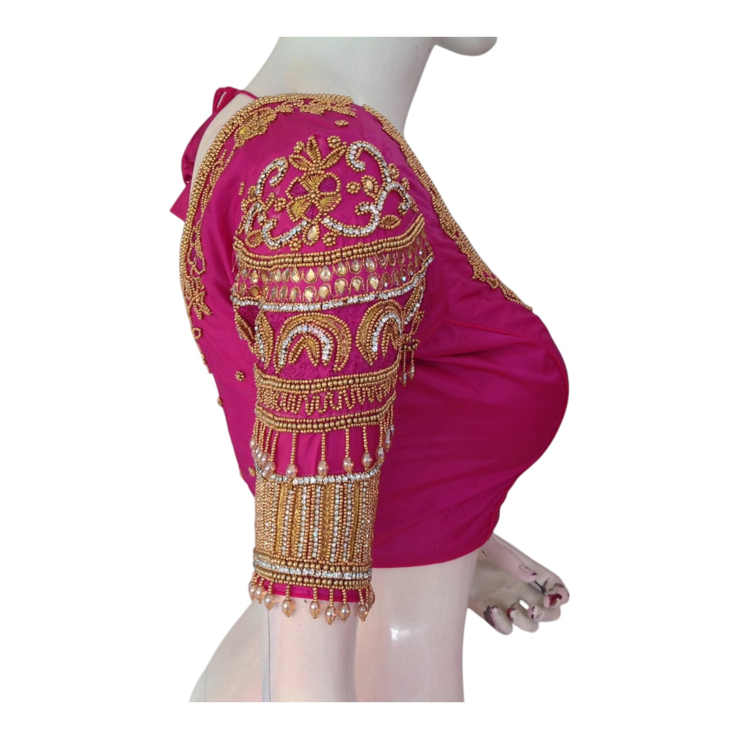 Vibrant Magenta Color Silk Saree Blouse - Premium Aari Handwork