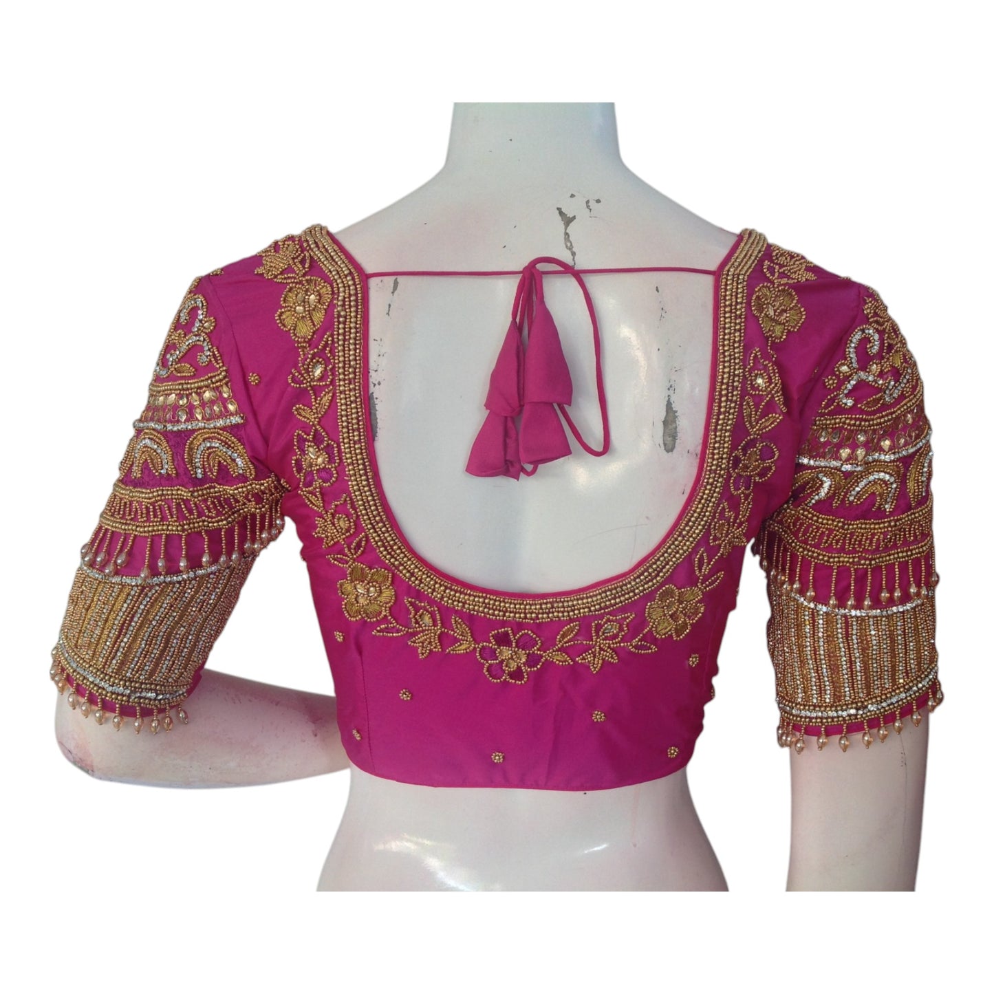 Vibrant Magenta Color Silk Saree Blouse - Premium Aari Handwork