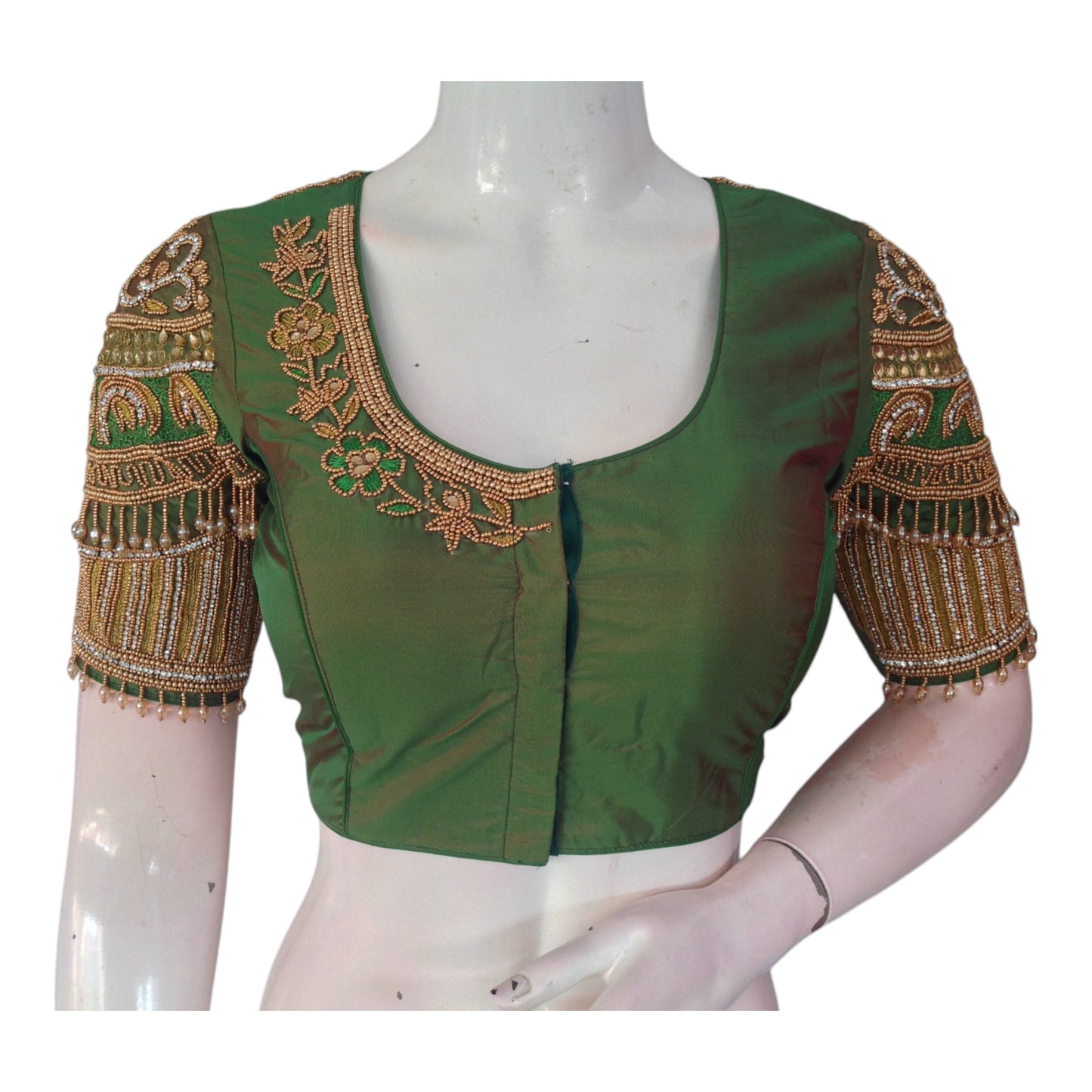 Instant Bridal Aari Elegance: Olive Green Color Wedding Silk Saree Blouse