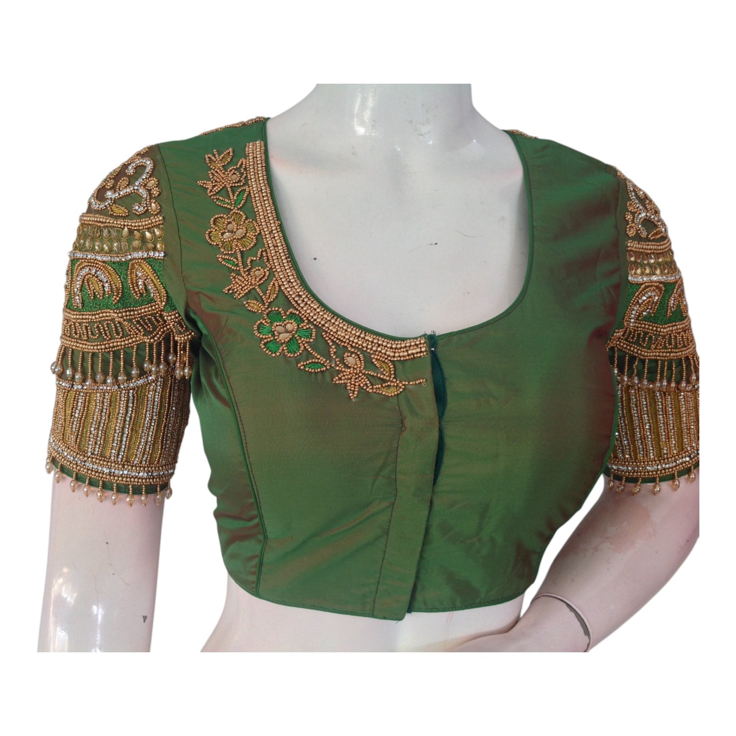 Instant Bridal Aari Elegance: Olive Green Color Wedding Silk Saree Blouse