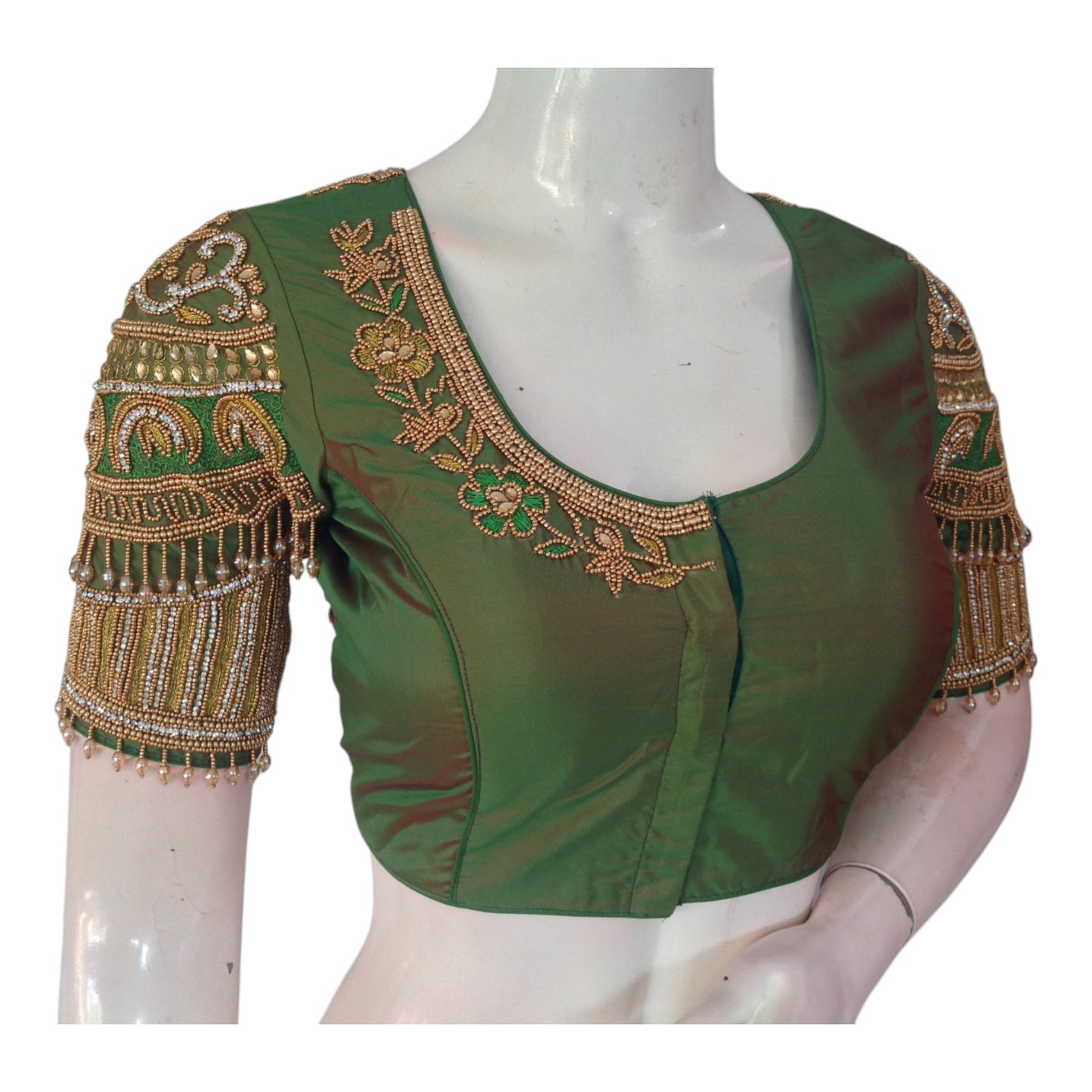 Instant Bridal Aari Elegance: Olive Green Color Wedding Silk Saree Blouse