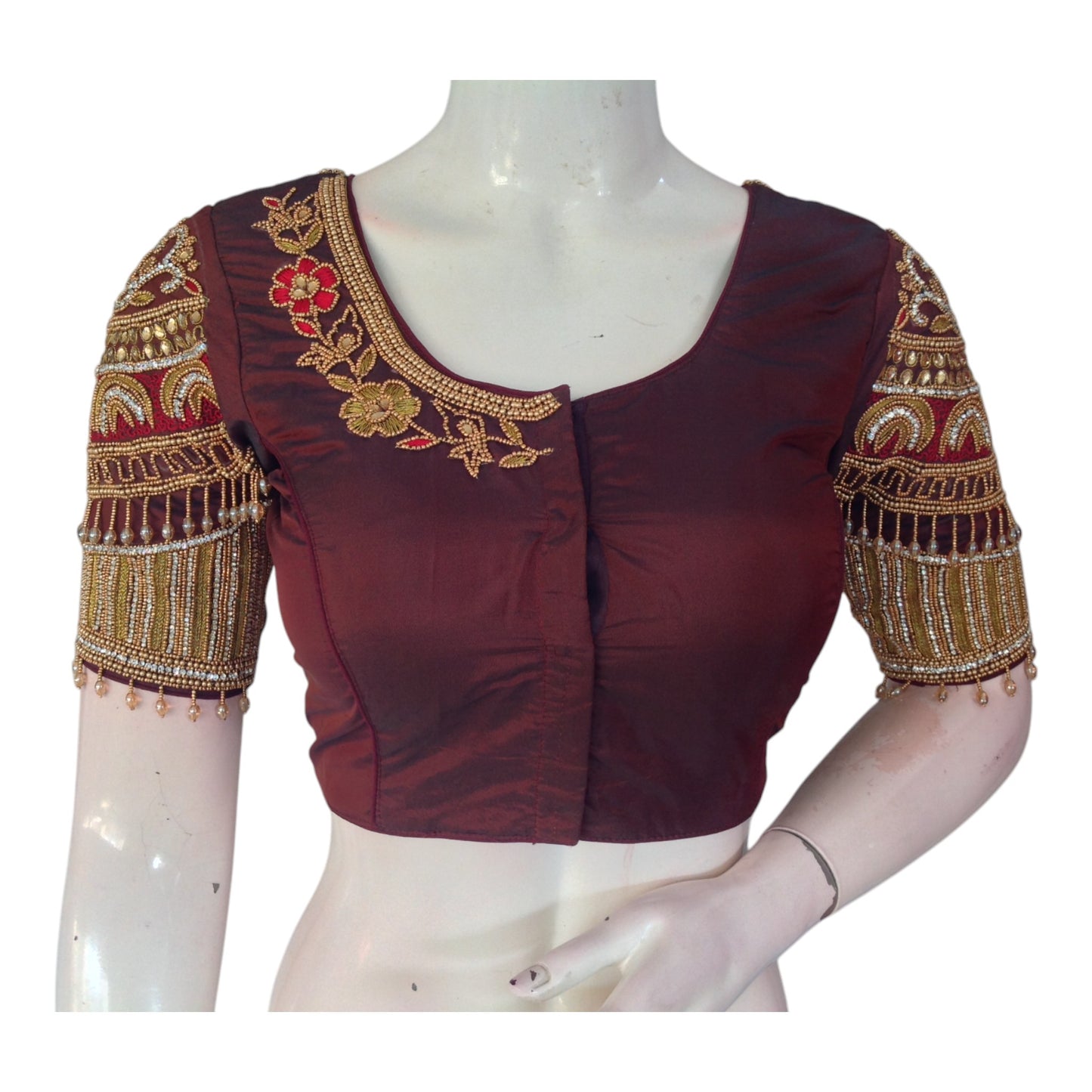 Deep Maroon Color Aari Handwork Bridal Blouse - Premium Silk