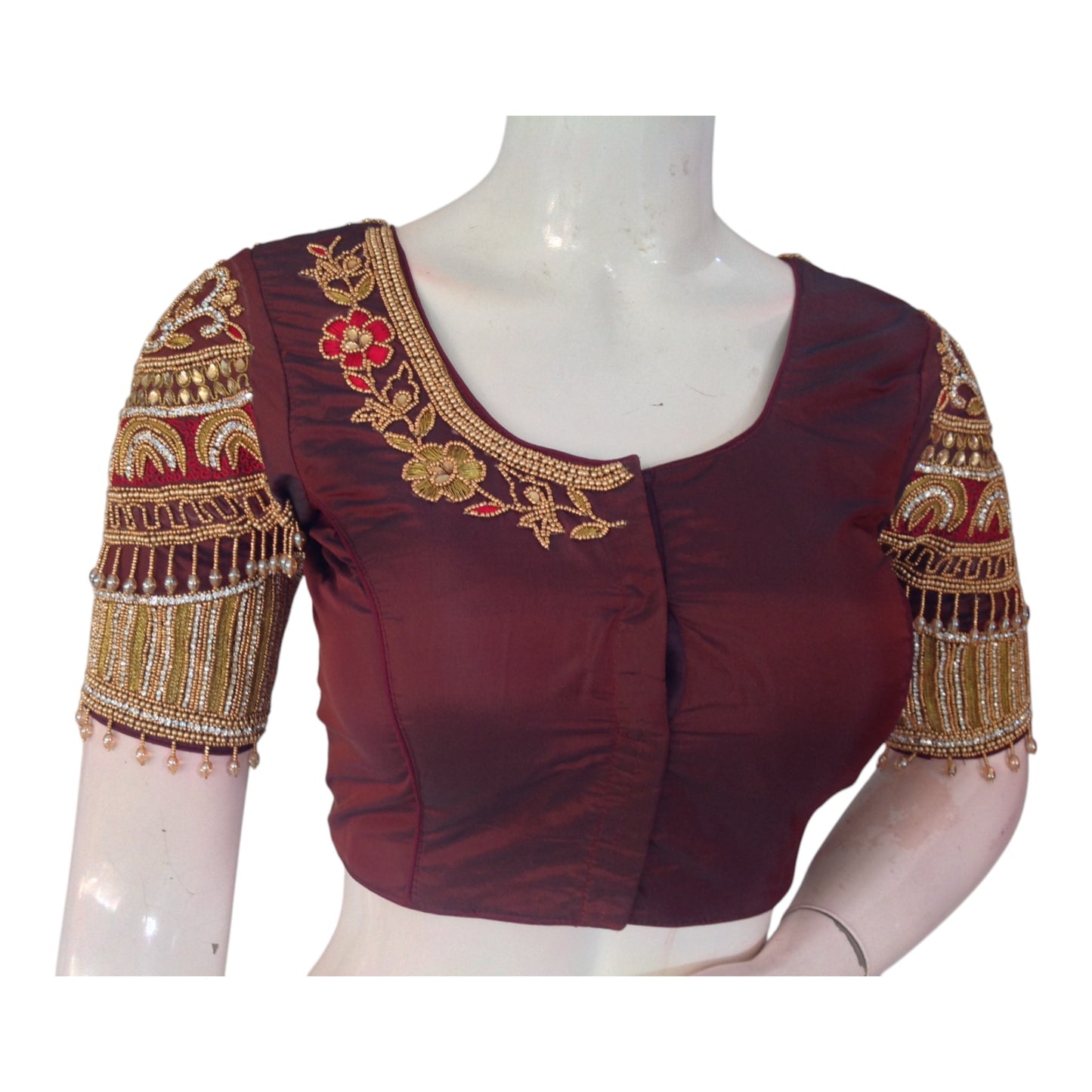 Deep Maroon Color Aari Handwork Bridal Blouse - Premium Silk