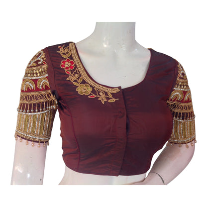 Deep Maroon Color Aari Handwork Bridal Blouse - Premium Silk