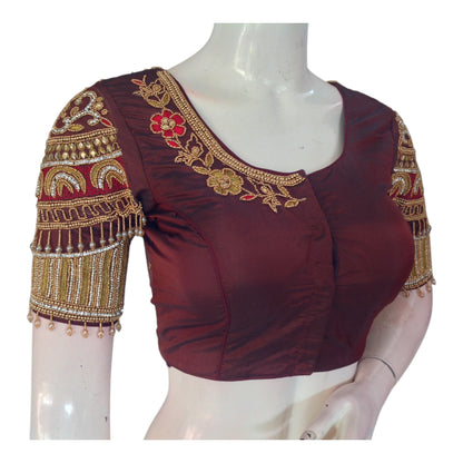 Deep Maroon Color Aari Handwork Bridal Blouse - Premium Silk