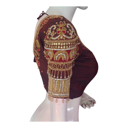 Deep Maroon Color Aari Handwork Bridal Blouse - Premium Silk