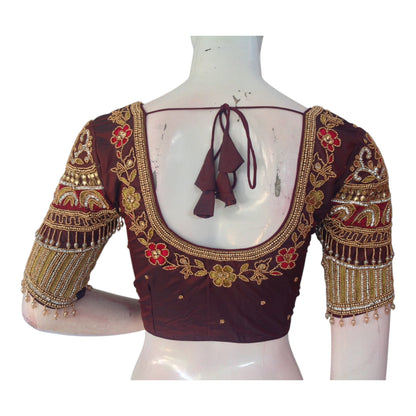 Deep Maroon Color Aari Handwork Bridal Blouse - Premium Silk