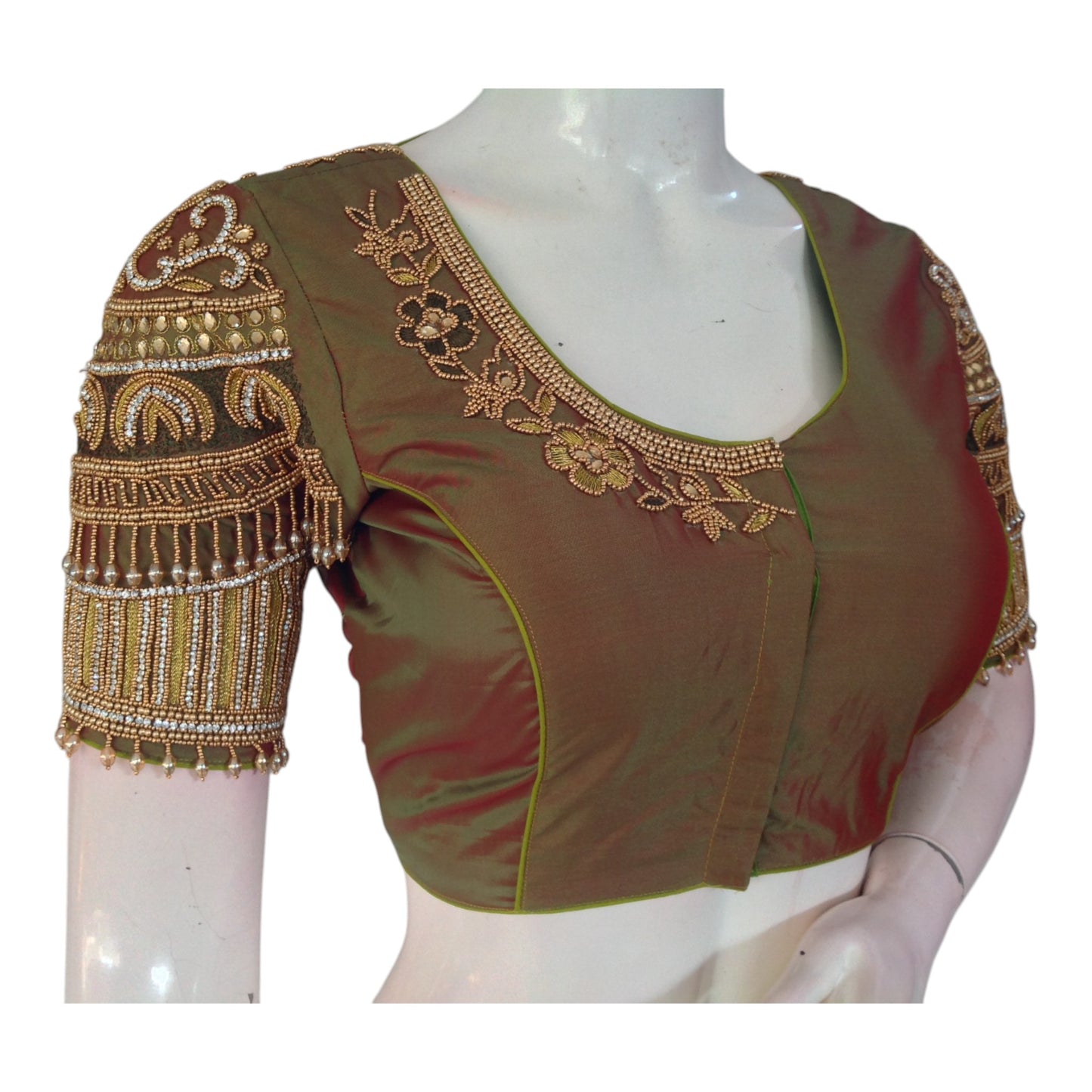 Luxe Dark Olive Green Color Aari Handwork Wedding Silk Saree Blouse