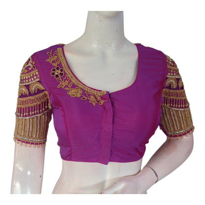 Luxurious Dark Magenta Color Wedding Blouse - Authentic Aari Design