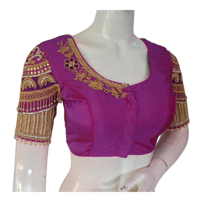 Luxurious Dark Magenta Color Wedding Blouse - Authentic Aari Design