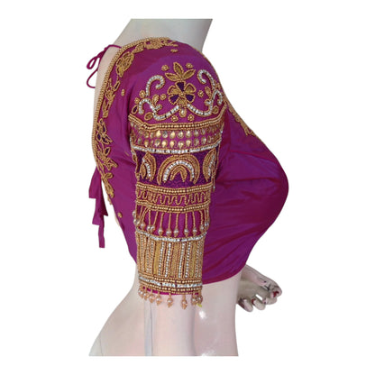 Luxurious Dark Magenta Color Wedding Blouse - Authentic Aari Design