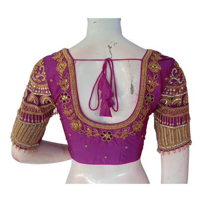 Luxurious Dark Magenta Color Wedding Blouse - Authentic Aari Design