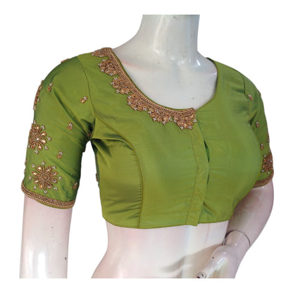 Elegant Parrot Green Color Silk Saree Blouse: Netted Aari, Pearl & High Neck