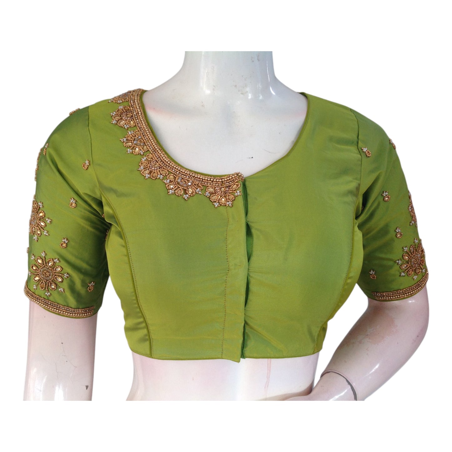 Elegant Parrot Green Color Silk Saree Blouse: Netted Aari, Pearl & High Neck