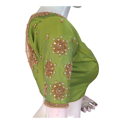 Elegant Parrot Green Color Silk Saree Blouse: Netted Aari, Pearl & High Neck