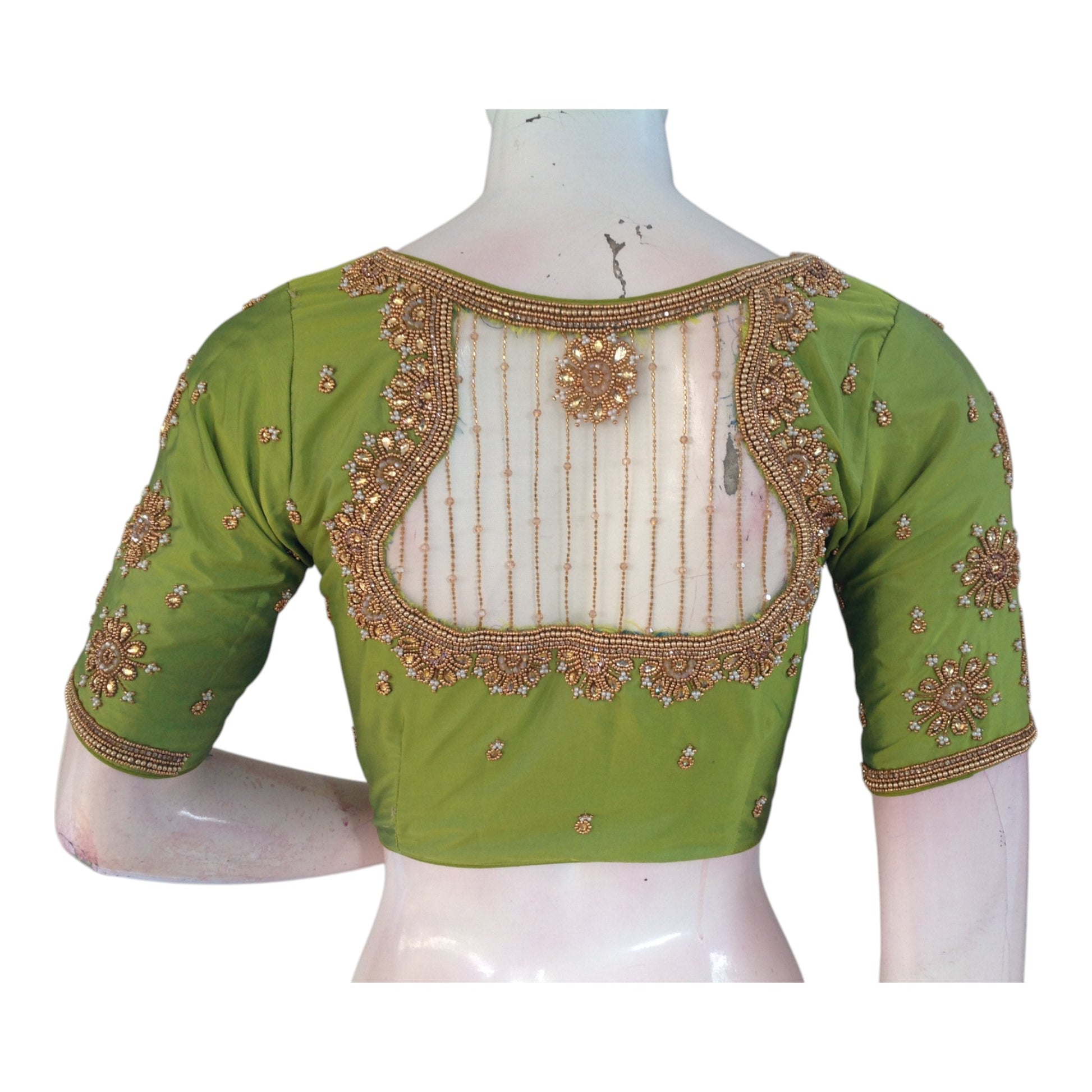 Elegant Parrot Green Color Silk Saree Blouse: Netted Aari, Pearl & High Neck