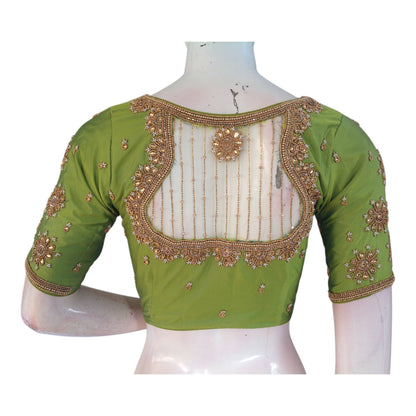 Elegant Parrot Green Color Silk Saree Blouse: Netted Aari, Pearl & High Neck