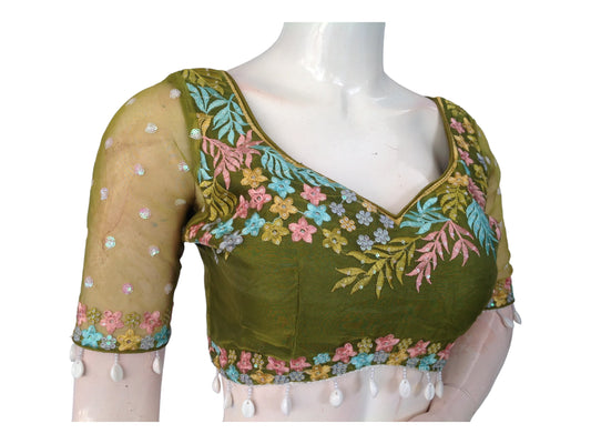 Enhance your ethnic wear with our "Mesmerizing Mahendi Green Organza Sequins Designer Readymade Saree Blouses," featuring exquisite sequin detailing and luxurious organza for a captivating and elegant look.