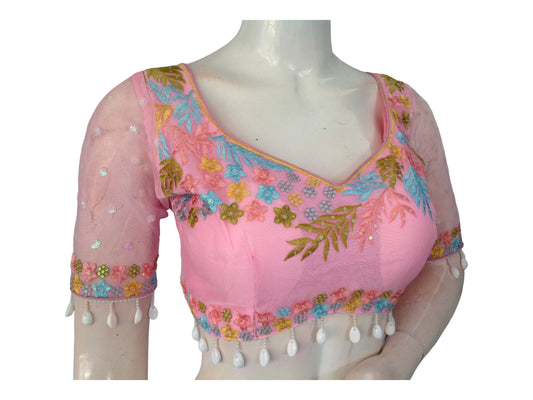 Embrace elegance with "Blushing Beauty," our Baby Pink Organza Sequins Designer Readymade Saree Blouses, adorned with exquisite sequins and luxurious organza for a charming and sophisticated look.