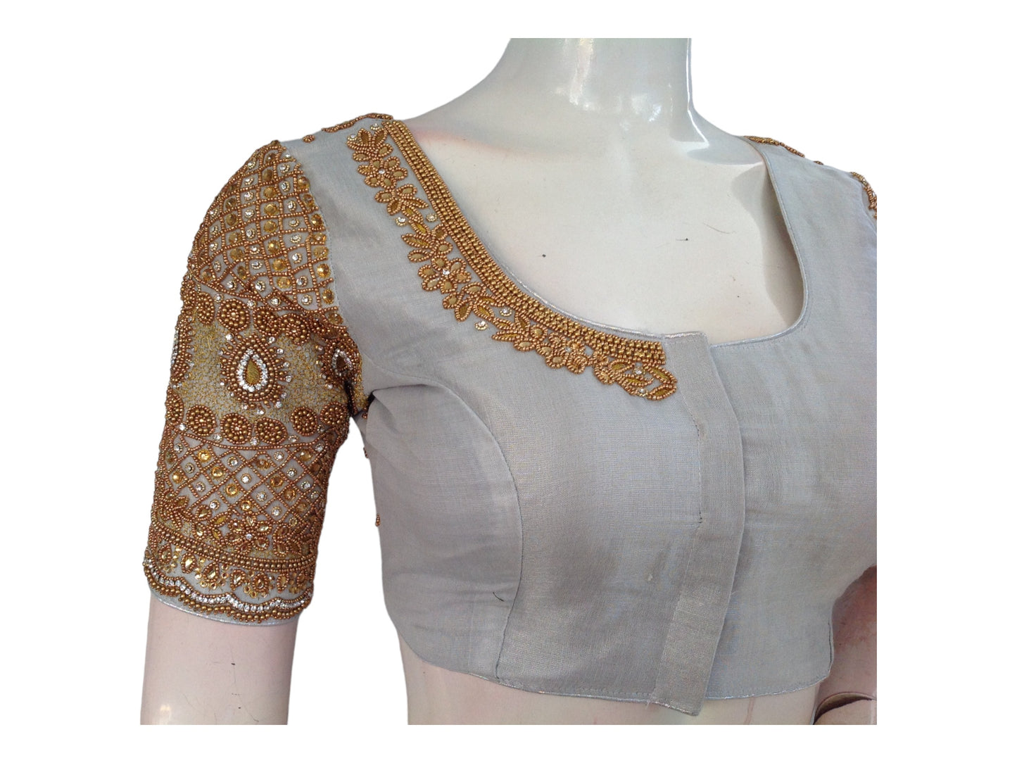 Sparkling Silver, Handcrafted Aari Work Bridal Silk Saree Blouse