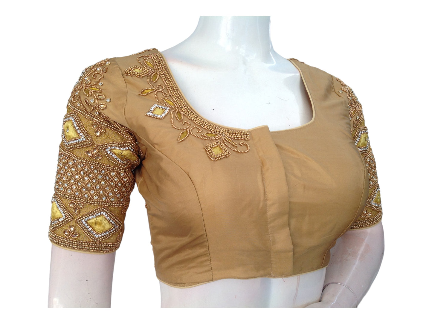 Golden Grace, Handcrafted Aari Bridal Silk Saree Readymade Blouse