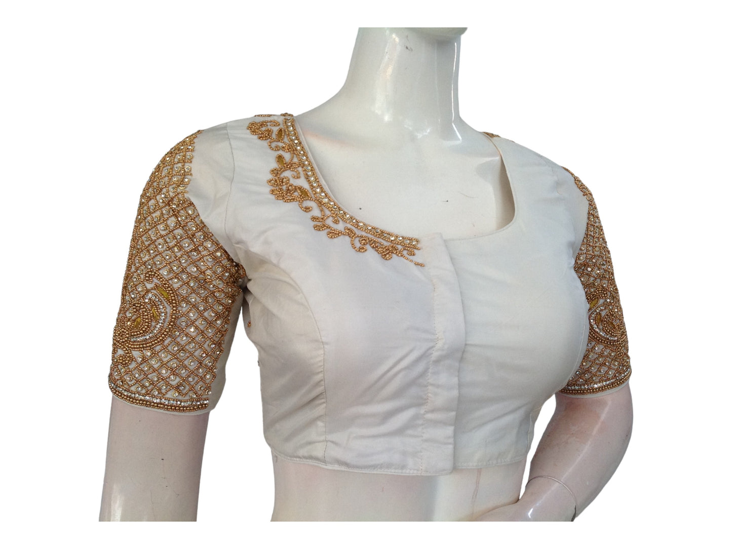 Cream Elegance, Handcrafted Aari Bridal Silk Saree Readymade Blouse
