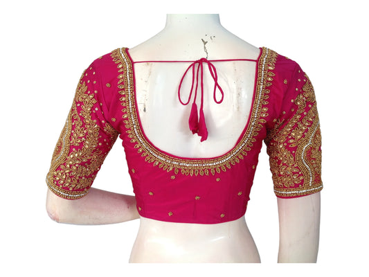 "Pink Elegance: Indian Silk Ethnic Bridal Handwork Saree Blouse, showcasing exquisite craftsmanship and luxurious design for a timeless bridal look."